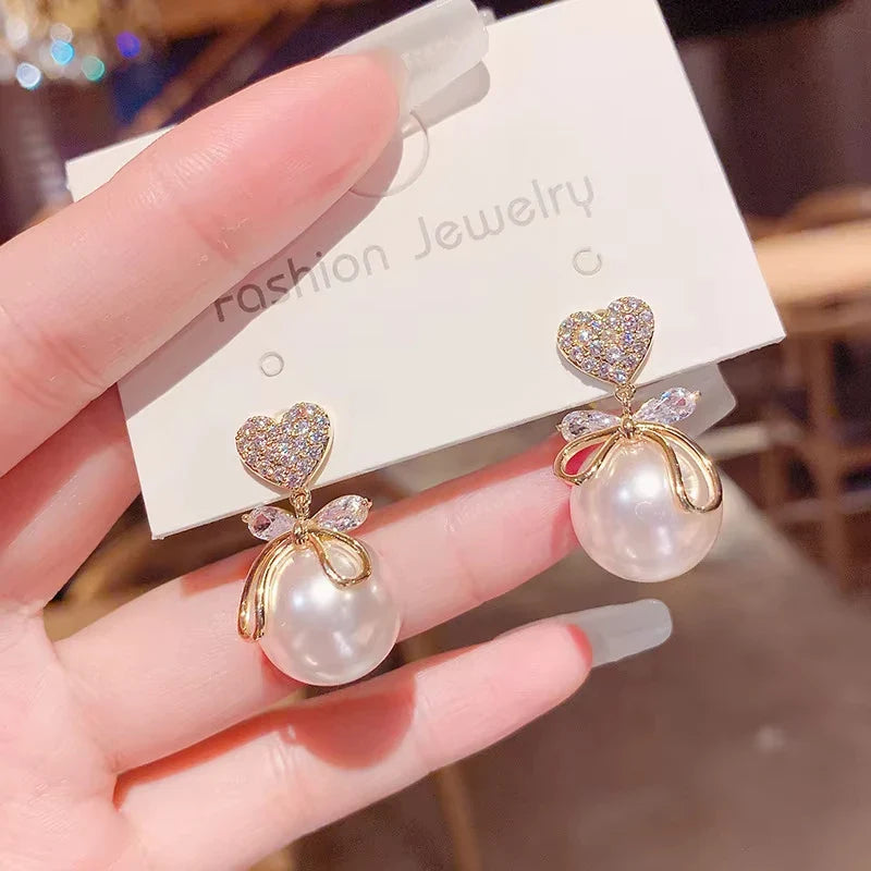 Korean Heart Drop Earrings For Women Girl Romantic Valentine's Day Gift Fashion Jewelry Trend Hanging Pearl Cute Bowknot Earring Vera Lux