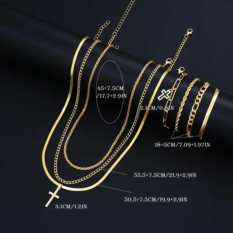 7-Piece Elegant Stainless Steel Minimalist Cross Pendant Jewelry Set for Men Chain Necklace Bracelet Jewelry for Everyday Wear Vera Lux