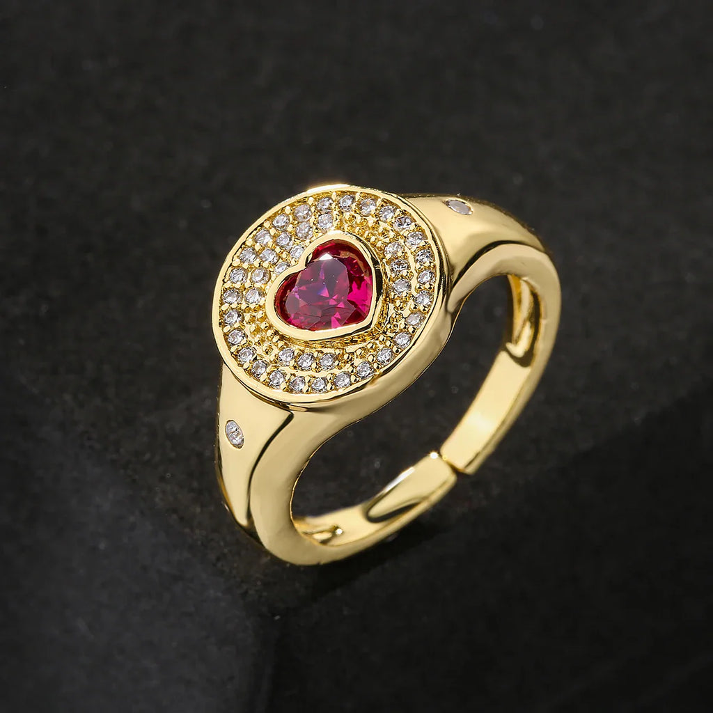 NEWBUY 2024 Hot Sale Red/Green CZ Zircon Heart Rings For Women Adjustable Gold Color Copper Wedding Jewelry Femme Bijoux Vera Lux
