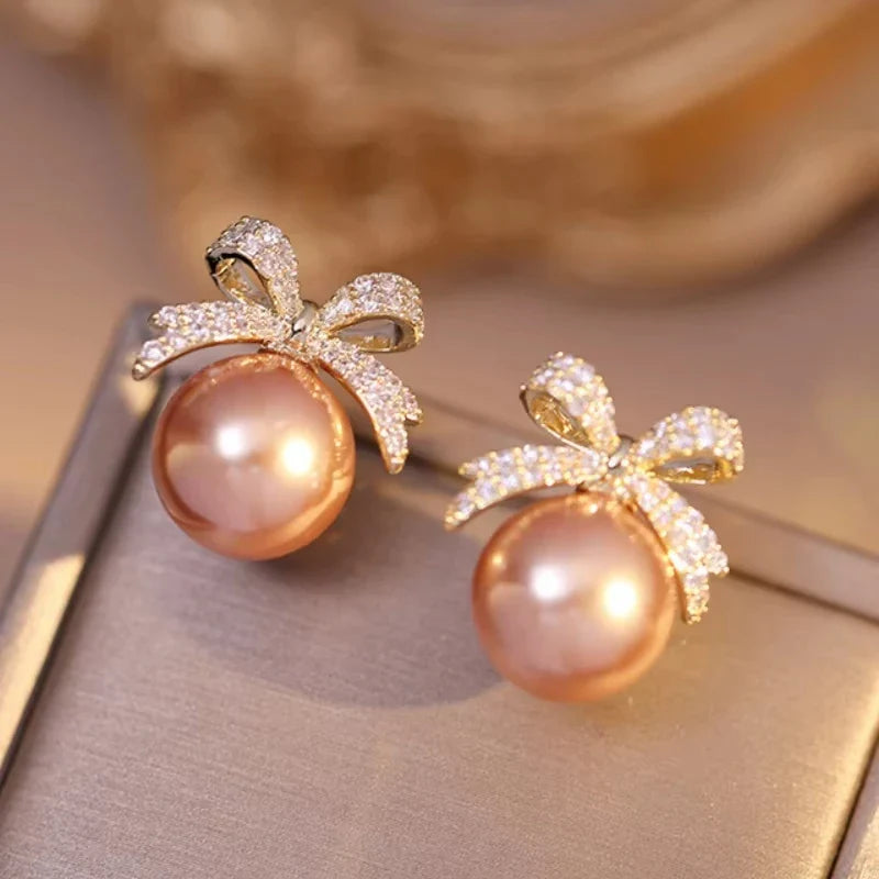 1par Micro Set Zircon Bow Pearl Pendant Earrings 2025 New Design Jewelry For Womens and Girls Fashion Ear Accessories Vera Lux