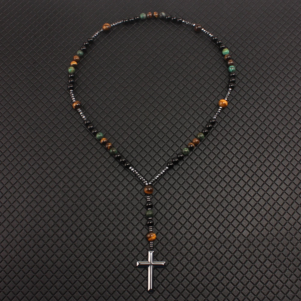 Natural Stone Africa Turquoise and Tiger-eye Beads Cross Pendant Necklace Rosary for Men and Women Vera Lux