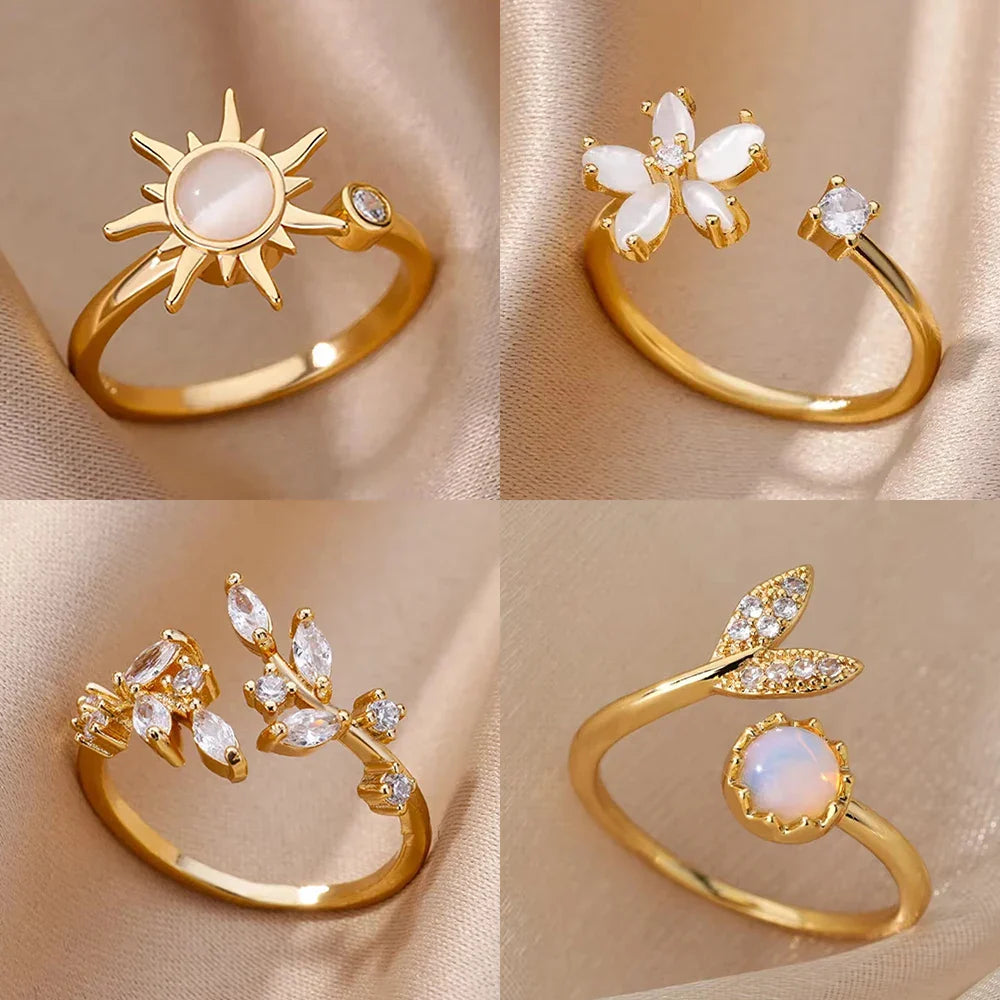 Fashion Zircon Sun Flower Rings For Women Stainless Steel Gold Color Geometric Ring Trendy Wedding Party Aesthetic Jewelry Gifts Vera Lux