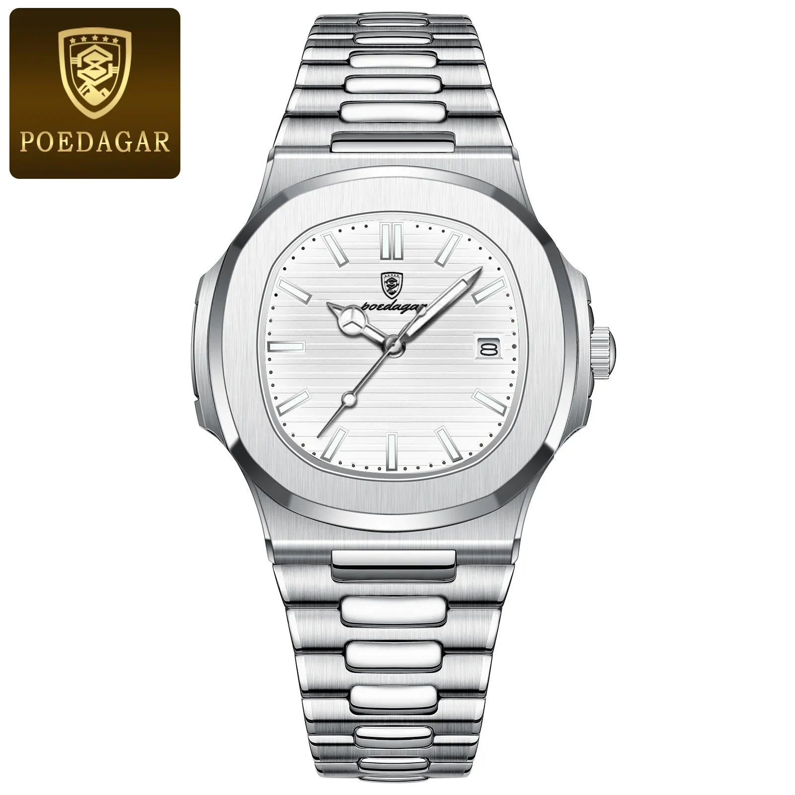 POEDAGAR Fashion Square Male Quartz Watch Waterproof Luminous Date Stainless Steel Man Watch Business Luxury Men's Watches Reloj Vera Lux
