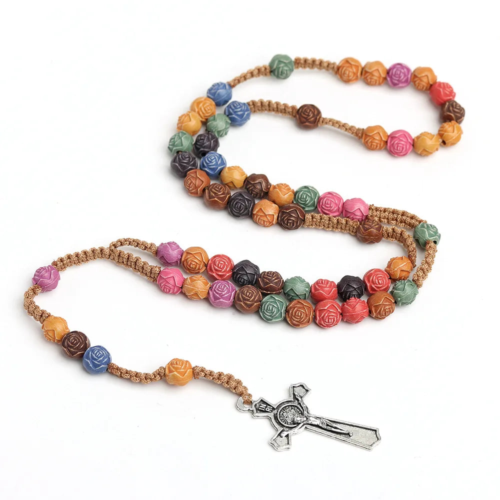Christian Rose Beads Rosary Necklace For Women INRI Cross Crucifix Pendant Long Chain Female Fashion Religion Jewelry Gift Vera Lux