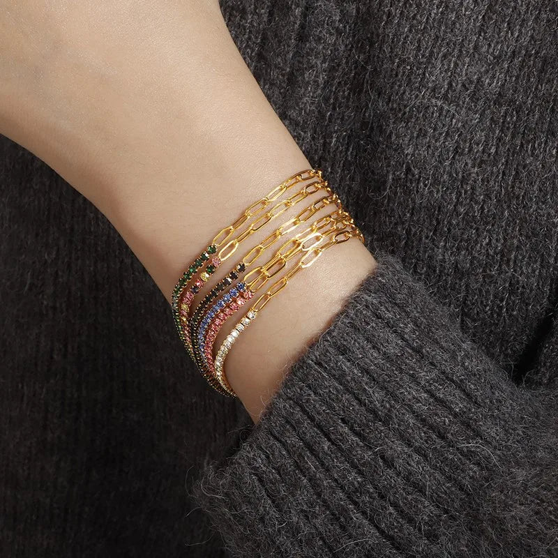 2mm Thin Colorful CZ Stainless Steel Stackable Chain Bracelet for Women Girl Vera Lux