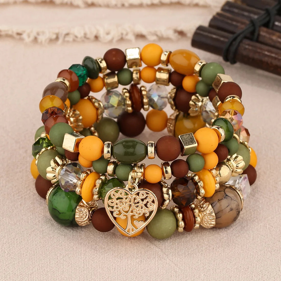 4Pcs Tree of Life Heart Bracelet Set For Women Acrylic Glass Beads Chain Elastic Bangle Female Fashion Party Jewelry Vera Lux
