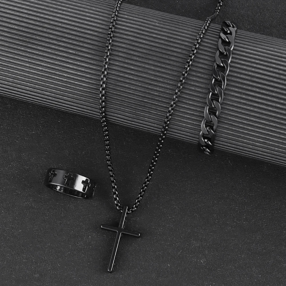 3pcs Set Men's Stainless Steel Metal Cross Pendant Chain Necklace Bracelet Ring Jewelry Set Male Hip Hop Daily Wear Accessories Vera Lux