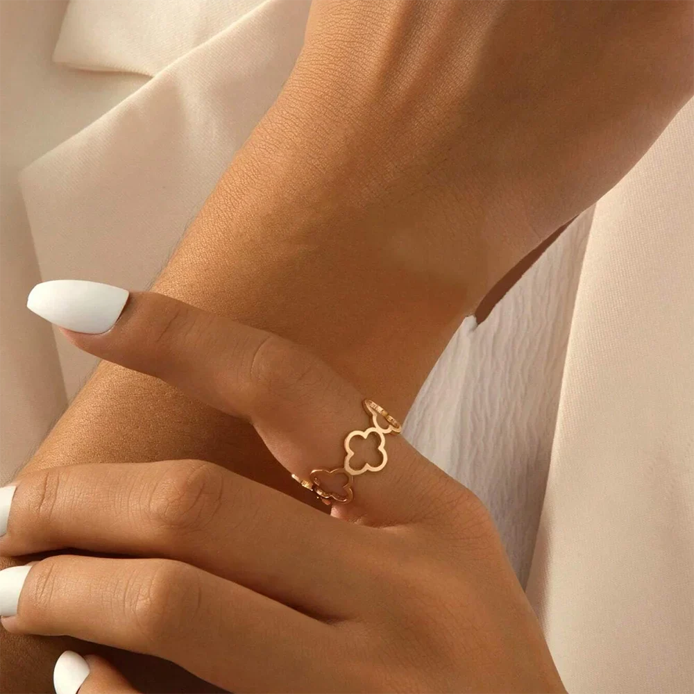 DOTIF Stainless Steel Lucky Hollow Four-Leaf Clover Ring Female Fashion Simple Opening Adjustable Finger Jewelry Party Gifts Vera Lux