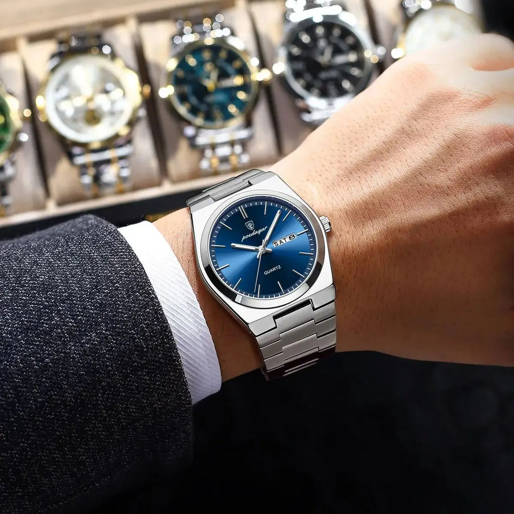 POEDAGAR Luxury Watch For Man Waterproof Luminous Date Week Stainless Steel Men Watch Casual Quartz Men's Watches Male Clock+box Vera Lux