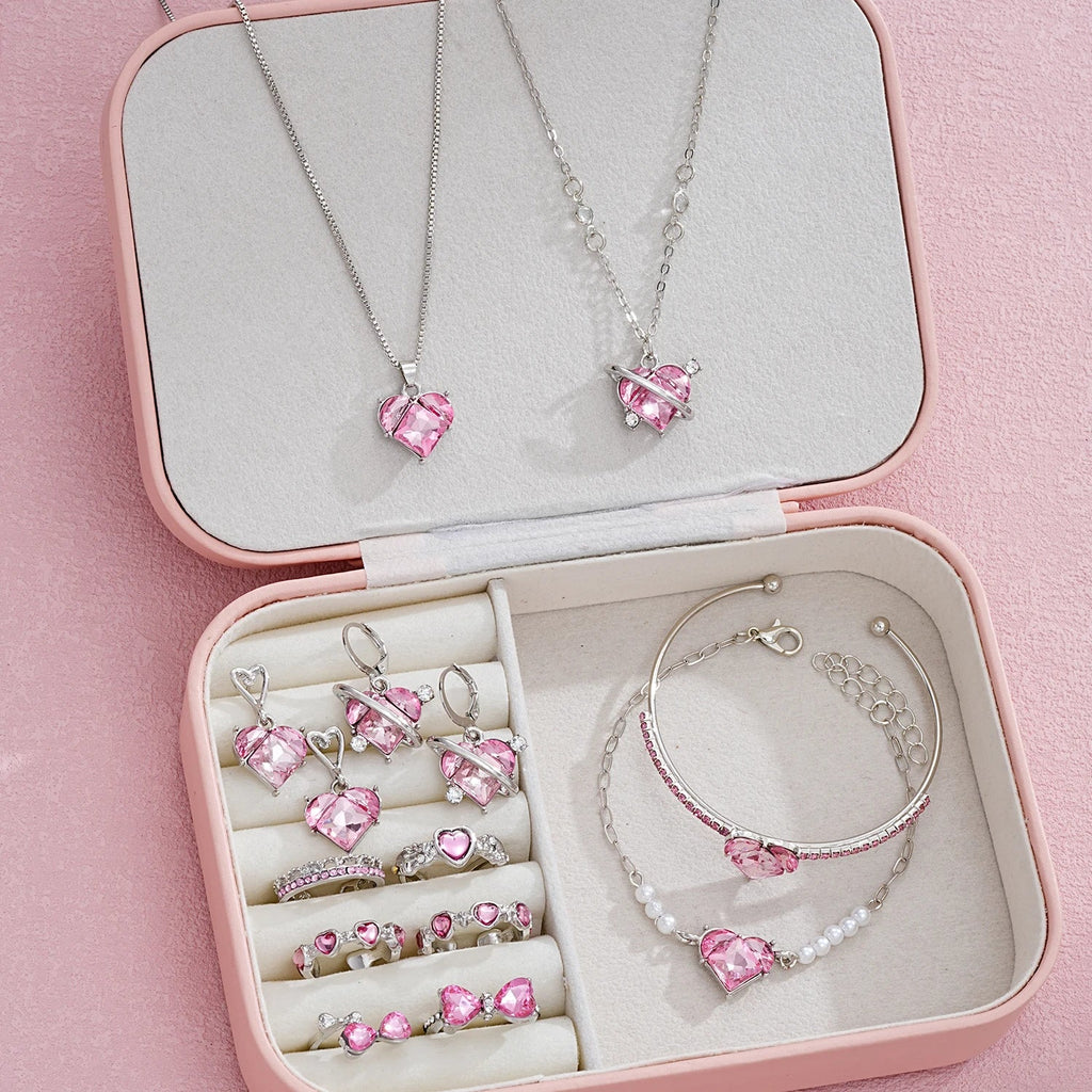 14 PCS Pink Craystal Heart Pendants Necklace Earrings Ring Bracelet Sets For Women Girl Fashion Jewelry Set Wedding Jewelry Gift Vera Lux