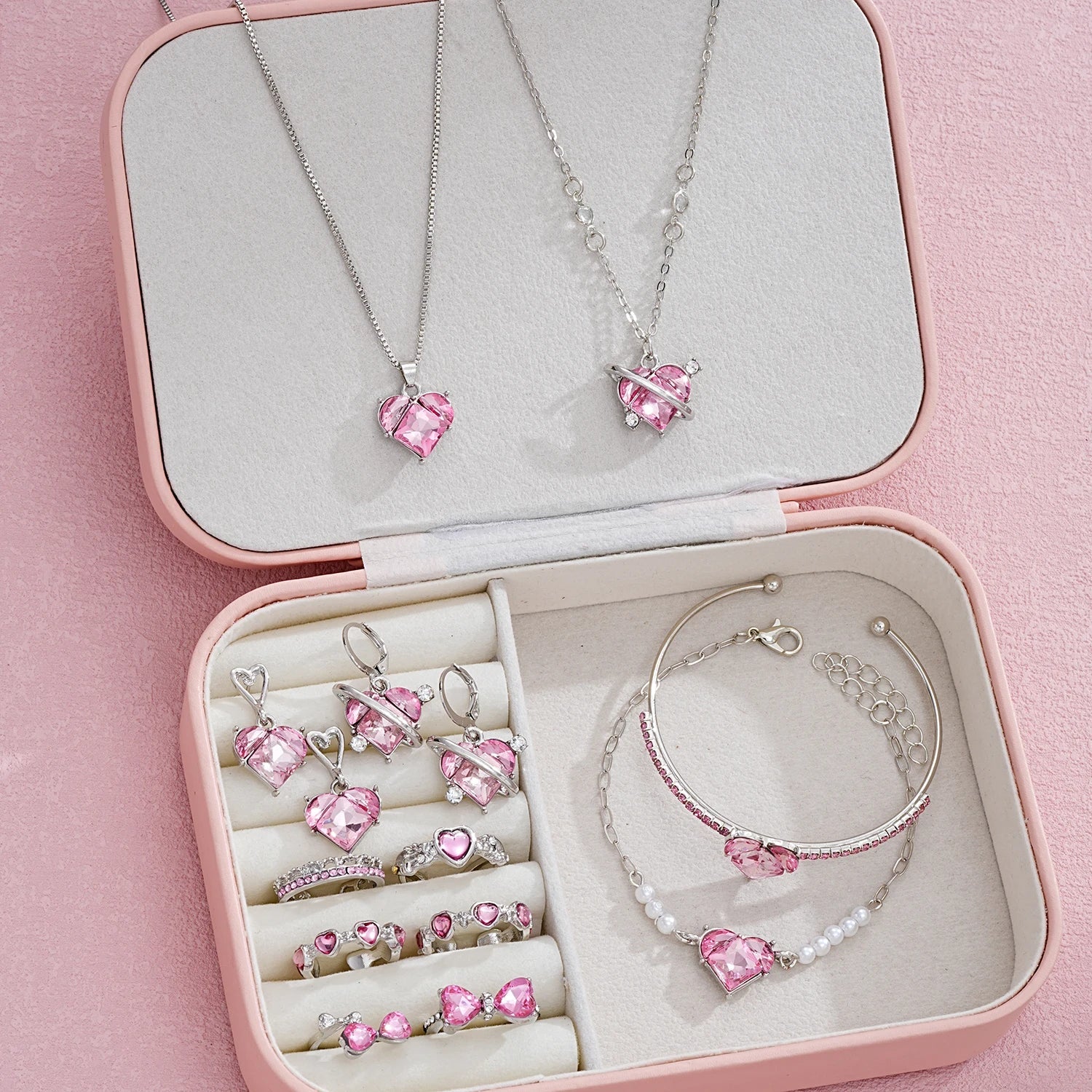 14 PCS Pink Craystal Heart Pendants Necklace Earrings Ring Bracelet Sets For Women Girl Fashion Jewelry Set Wedding Jewelry Gift Vera Lux