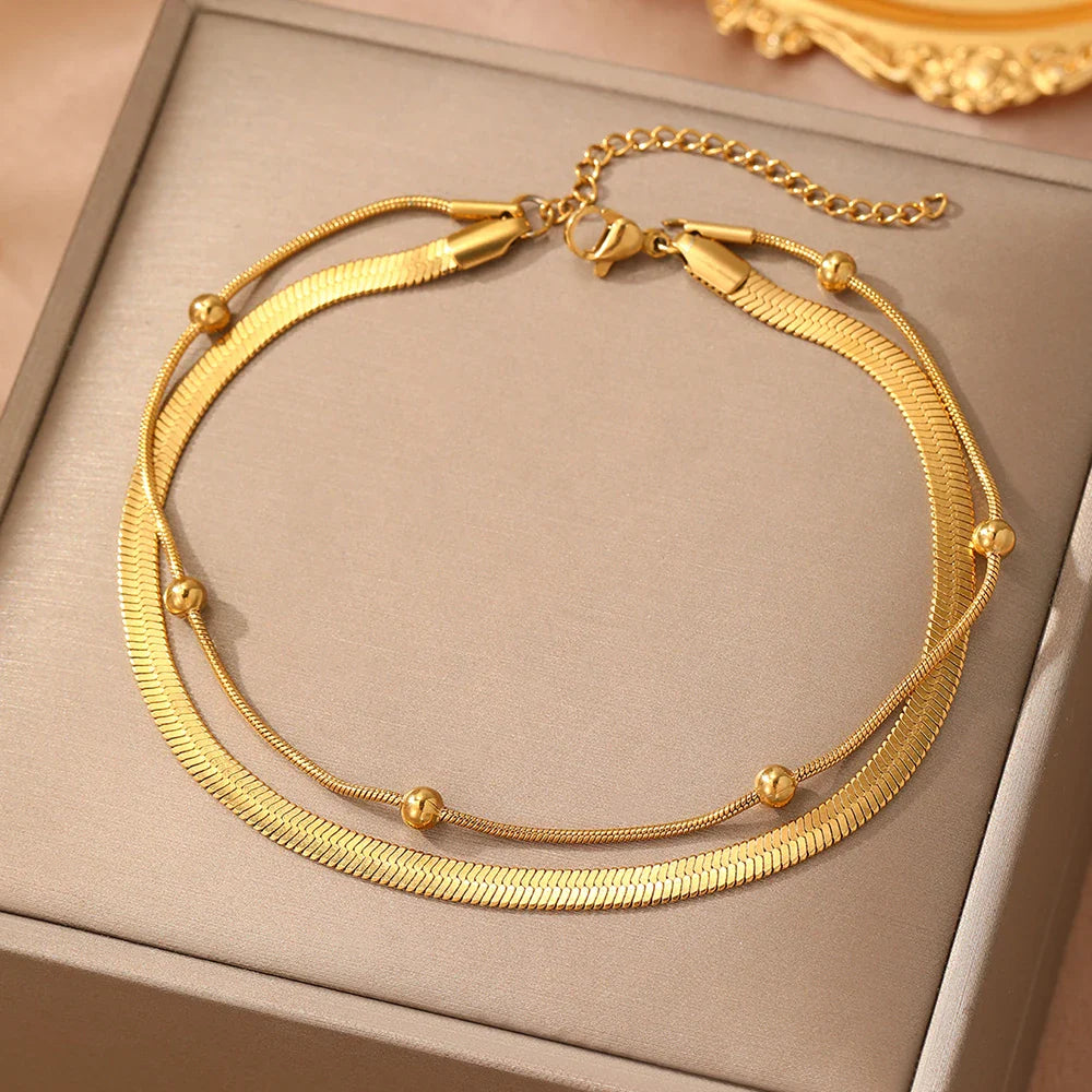 Stainless steel anklet bead strings snake bone chain double layered stacking anklet beach vacation ladies seaside party matching Vera Lux