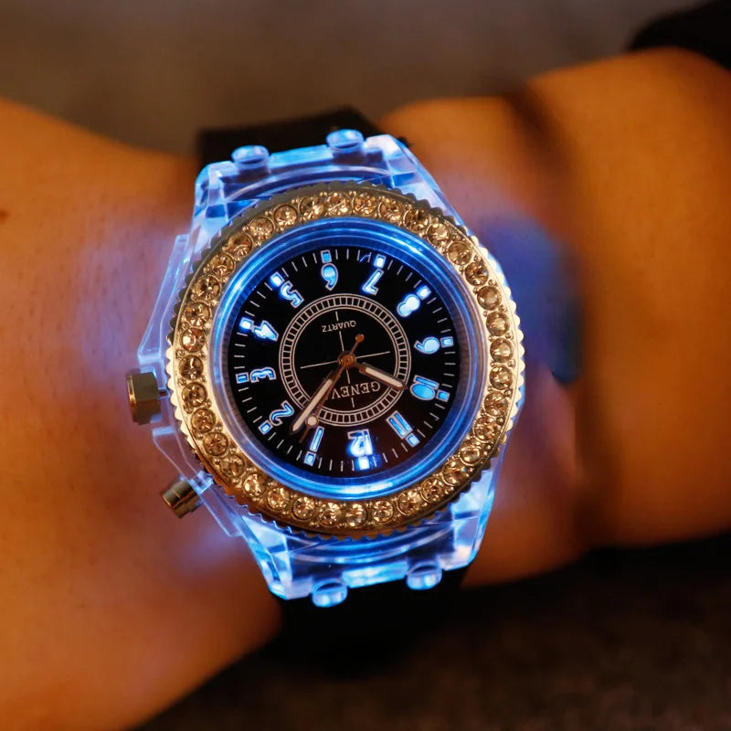 Luminous Quartz Watch for Women Personality Rhinestone Led Fashion Geneva Male and Female Students Couple Jelly Wrist Watches Vera Lux