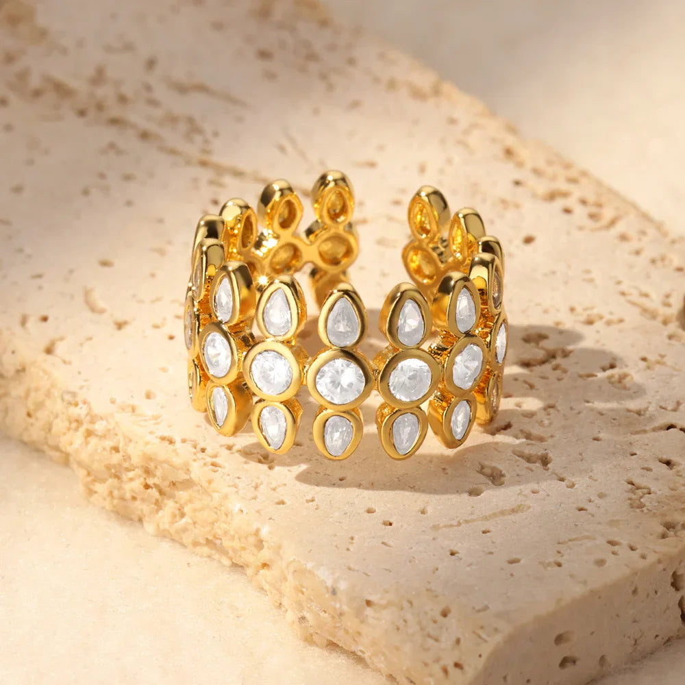 White Zircon Geometric Stainless Steel Rings For Women Gold Color Adjustable Wedding Aesthetic Ring Jewelry Gift Accessories Vera Lux