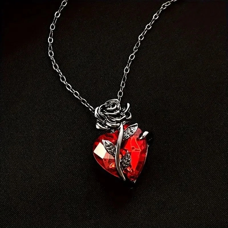 Luxurious Red Crystal Heart Necklace, Vintage Black Rose Floral Pendant, Elegant Fashion Jewelry Gift for Women Vera Lux