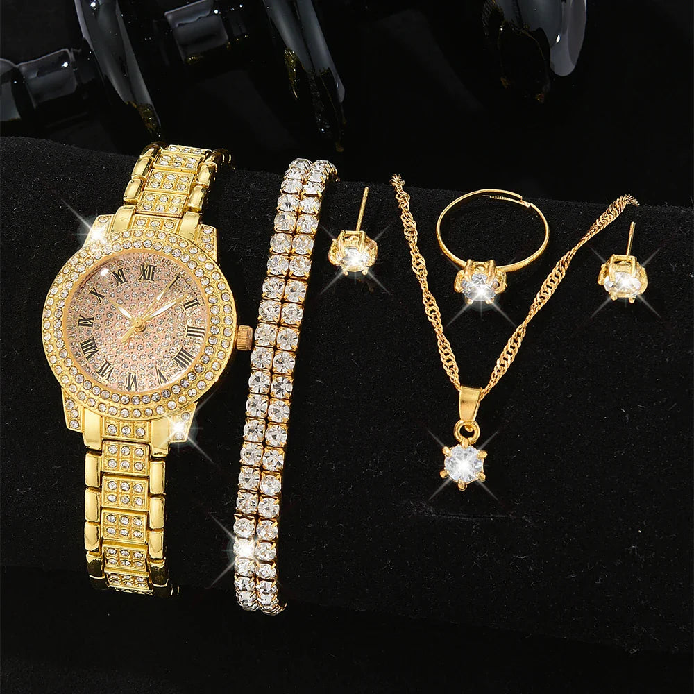 Luxury Women Gold Watch Fashion Ladies Quartz Diamond Wristwatch Elegant Female Bracelet Watches Set Reloj Mujer Vera Lux