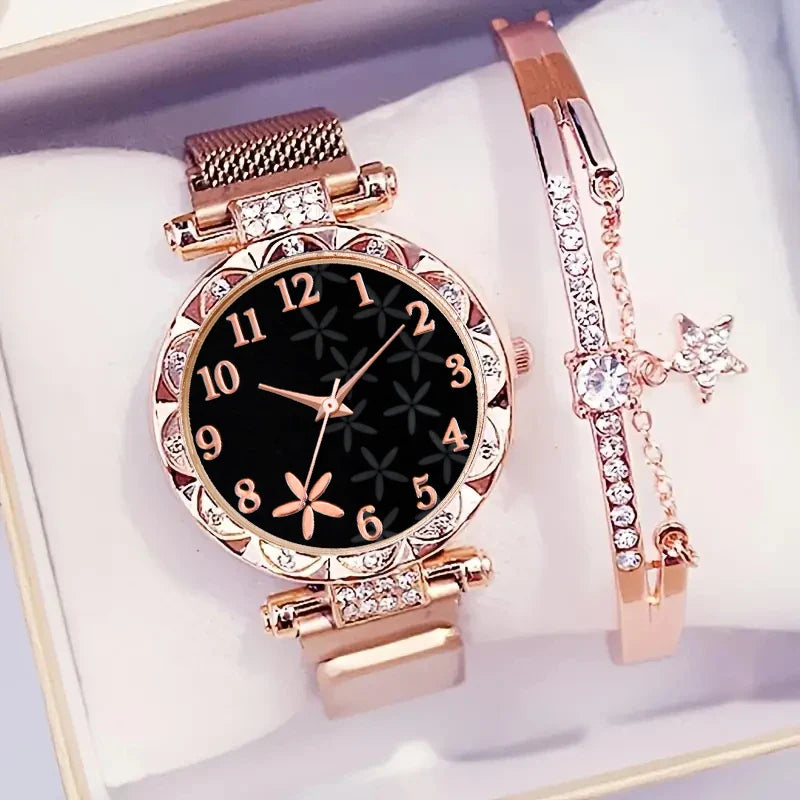2PCS Fashion Women's Watches Set Magnet Buckle Mesh Strap Analog Quartz Watch Star Bracelet Set Reloj Mujer Vera Lux