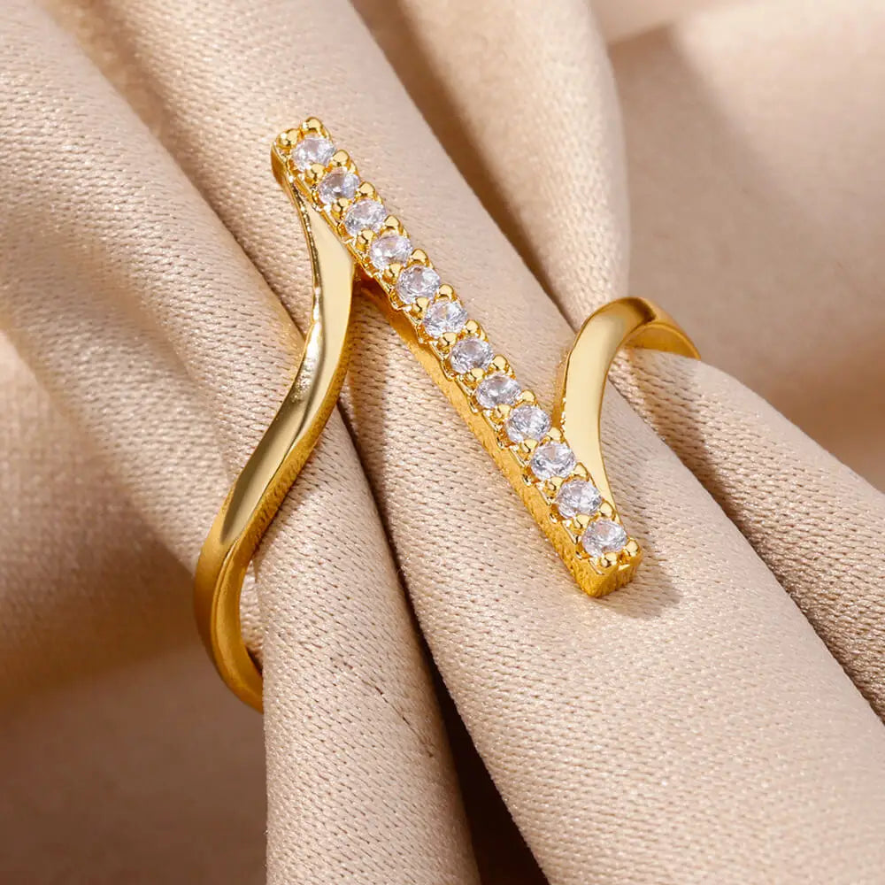 Zircon Geometric Rings For Women Gold Color Stainless Steel Opening Ring Luxury Wedding Party Aesthetic Jewerly Gift Femme 2024 Vera Lux