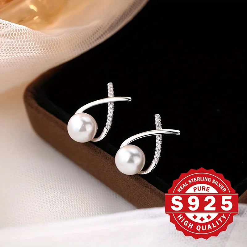 S925 silver, women's cross-tail shellfish pearl earrings, inlaid with synthetic zircon, elegant and suitable for daily wear Vera Lux