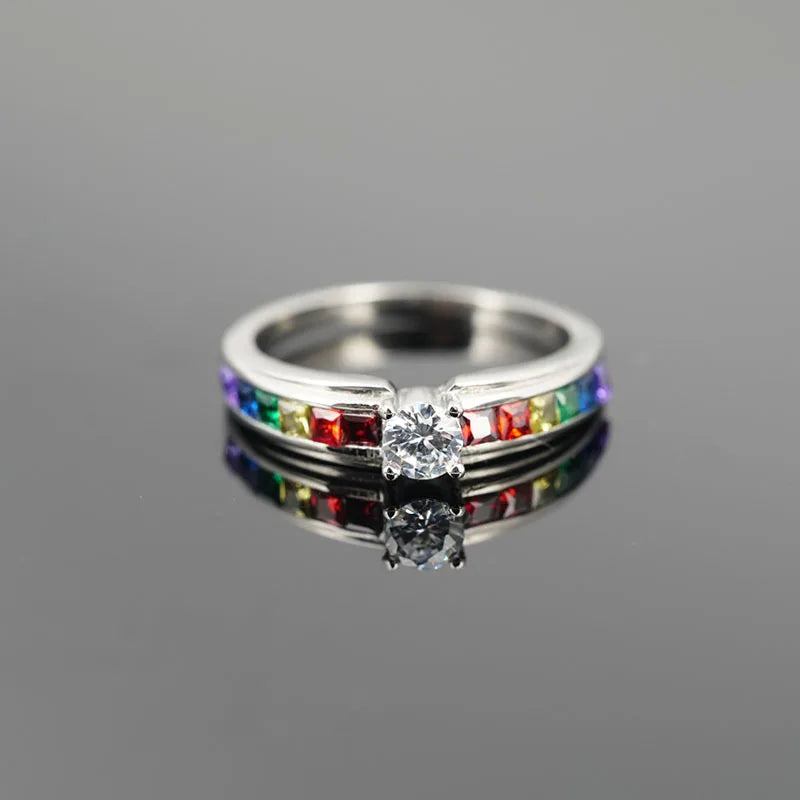 Real 100% 925 Sterling Silver Color Rainbow Cubic Zircon Rings For Women Wedding Lovely Engagement Proposal Ring Accessory Vera Lux