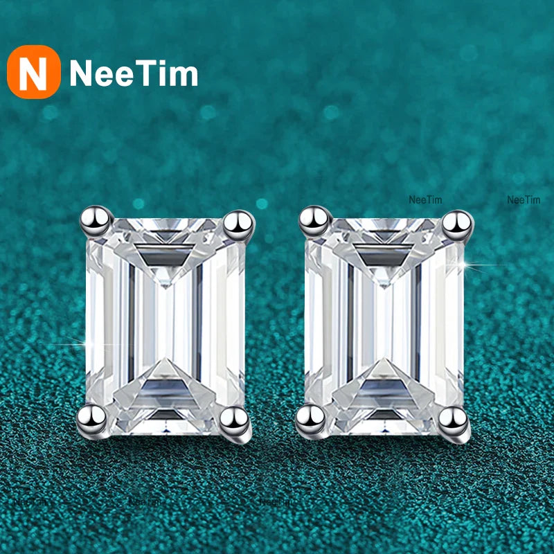 NeeTim 0.5CT 1CT 2CT Emerald Radiant Cut Moissanite Studs Earrings for Women Lab Diamond 925 Sterling Silver Earring Jewelry Vera Lux