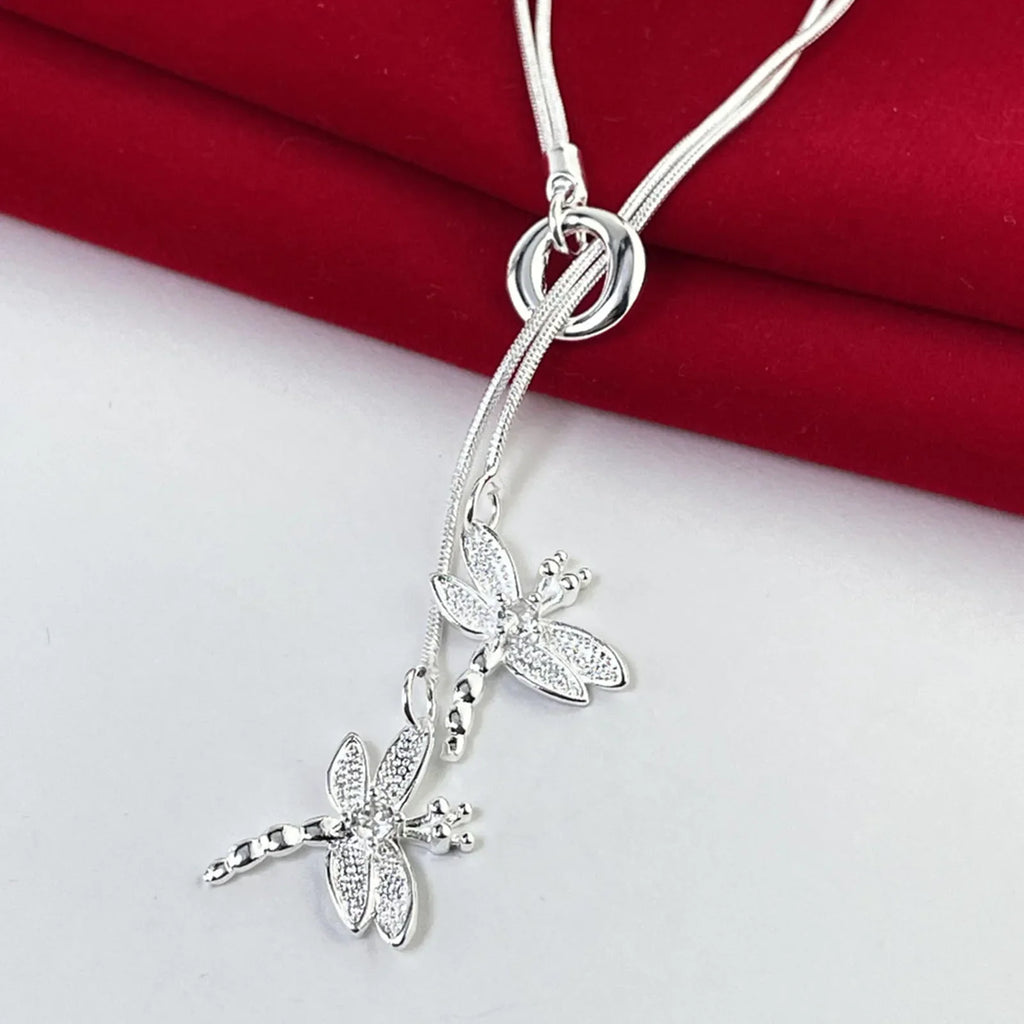 925 Sterling Silver Two Dragonfly Pendant Necklace For Women Snake Chain Necklace Wedding Engagement Jewelry Vera Lux
