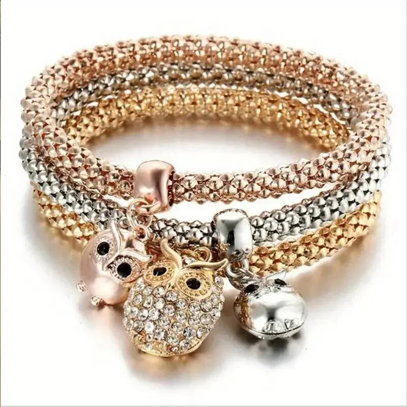 3 PCS Set Heart Lock Key Music Sign Charm Bracelet Owl Rose Gold Plating Silver Color Chain Owm Charm Bangle Jewelry Set Vera Lux