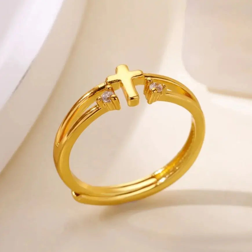 Zircon Cross Rings For Women Gold Color Stainless Steel Crystal Cross Adjustable Ring Religious Wedding Christmas Jewelry Gift Vera Lux