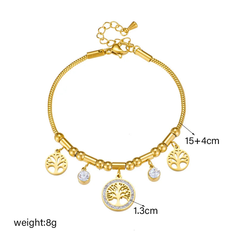 316L Stainless Steel Elegant Gold Color Tree - of - Life Charms Bracelet With Shiny Zircon Stone For Women's Daily Wear Vera Lux