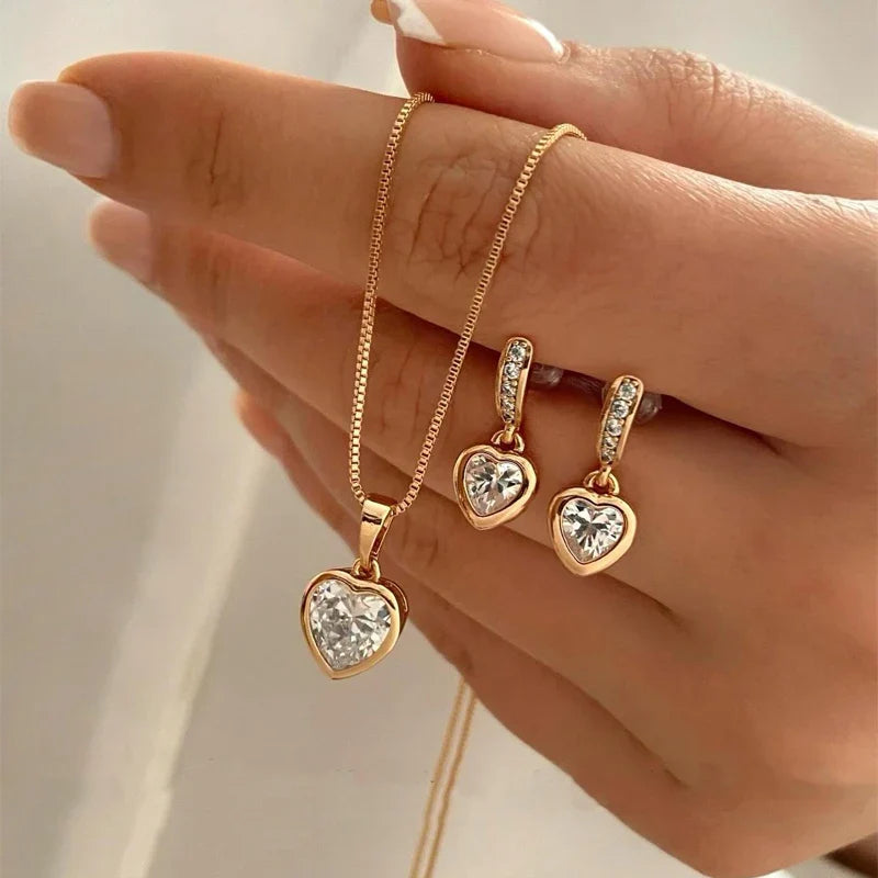 3 Pcs Heart Pendant Jewelry Set Of Earring Pendant Necklace For Women Exquisite Fashion Rhinestone Double Heart Jewelry Set Gift Vera Lux