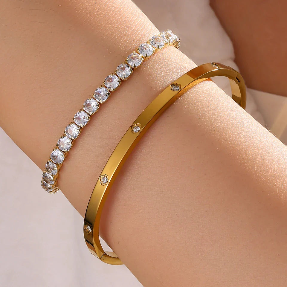 Yupsk 2 Pieces Stainless Steel Zirconia Tennis Bracelet Bangle Set Round Zircon CZ Aesthetic Women Jewelry Set Gift Vera Lux