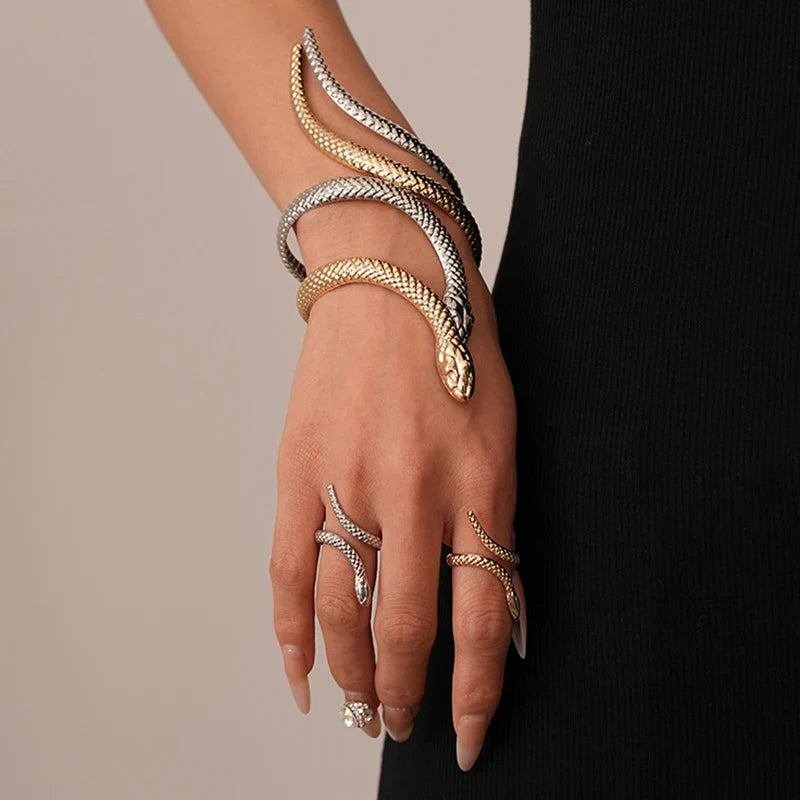 2025 New Arrival Snake Shaped Cuff Bracelet Ring Set for Women Exaggerated Metal Unique Design Bracelet Fashion Jewelry Set Vera Lux