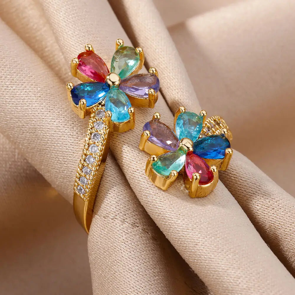 Colored Zircon Double Flower Rings For Women Gold Plated Stainless Steel Flower Opening Ring Wedding Aesthetic Jewelry Gift 2023 Vera Lux