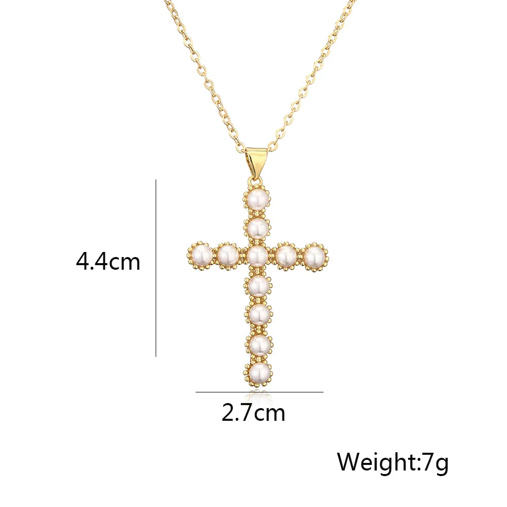 NEWBUY Classic Design Cross Pendant Gold Color 316L Stainless Steel Chain Necklace For Women Luxury Pearl Jewelry Vera Lux