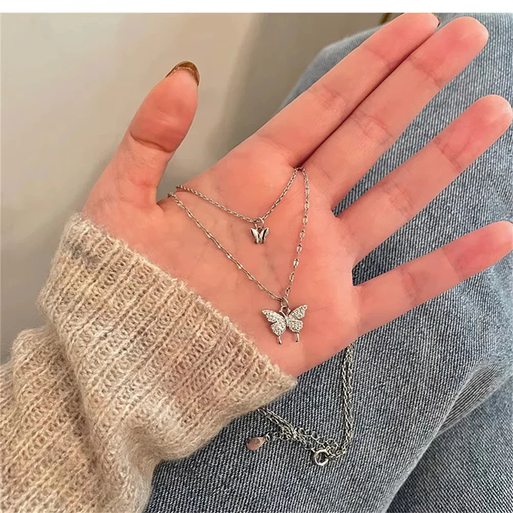 New Shiny Butterfly Necklace Ladies Exquisite Double Layer Clavicle Chain Necklace Jewelry for Ladies Gift Vera Lux