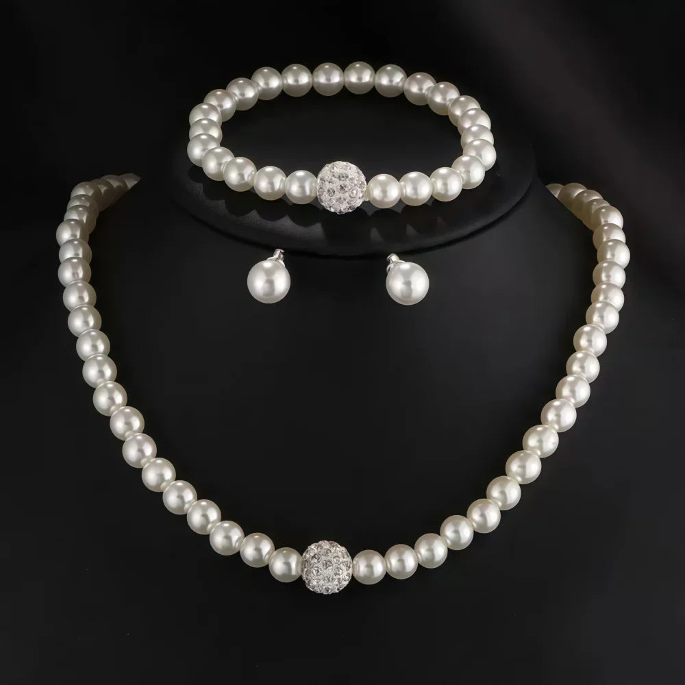 3 PCS Imitation Pearl Fireball Necklace Bracelet Earring Stud Jewelry Set Silver Color Crystal Stone Elegant Bridal Jewelry Gift Vera Lux
