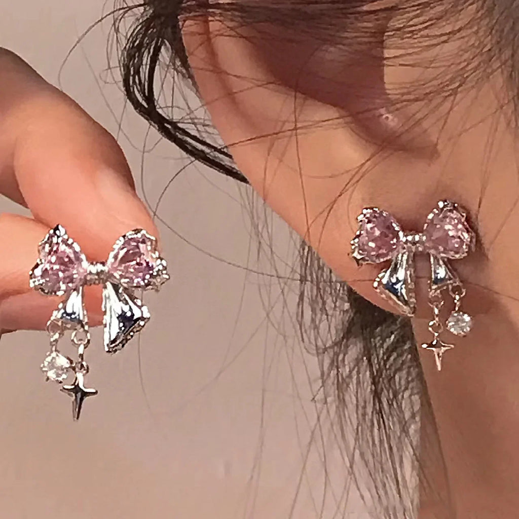 New Y2K Bowknot Zircon Stud Earrings for Women Fashion Korean Silver Color Pink Crystal Personality Earring Party Jewelry Gifts Vera Lux
