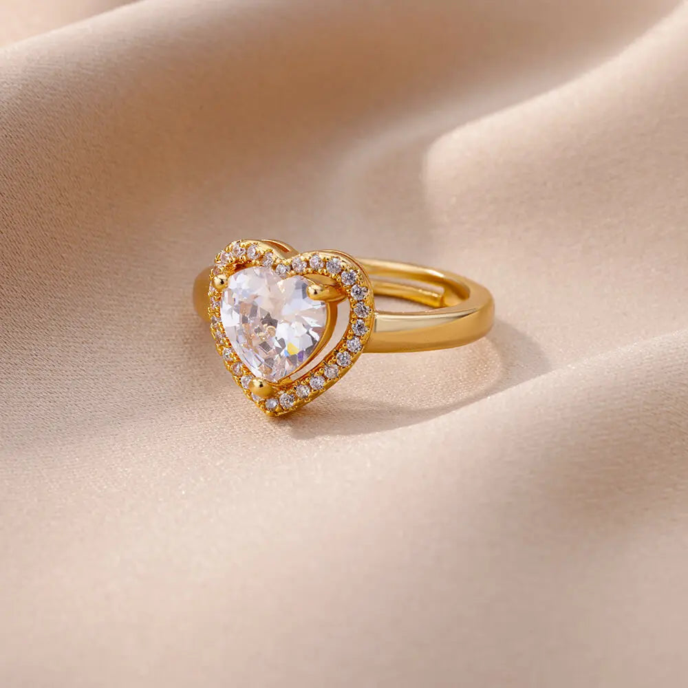 Stainless Steel Heart Rings For Women Zircon Gold Color Heart Adjustable Ring Femme Wedding Party Accessories Jewelry Gift 2024 Vera Lux