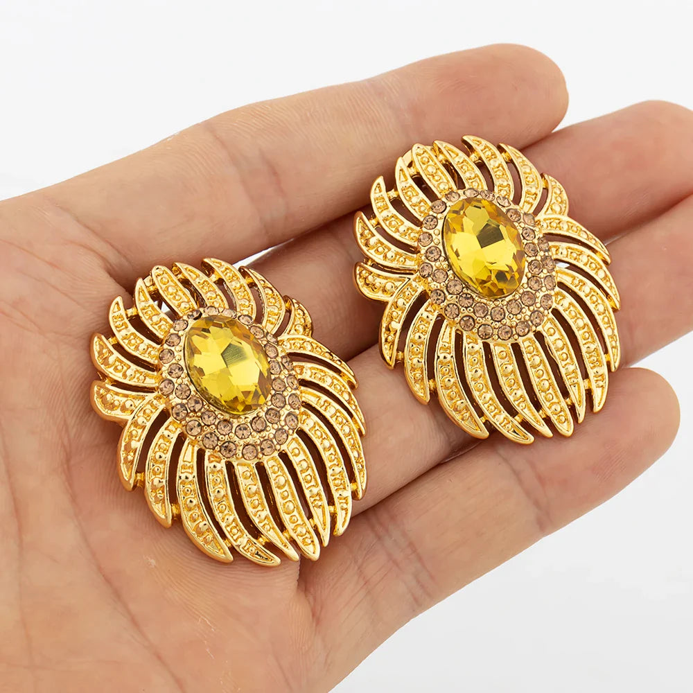 Italy Gold Color Jewelry Set Dubai Women Angel Feather Zircon Necklace Earrings Exaggerate Design Pendant Large Jewelry Bangle Vera Lux