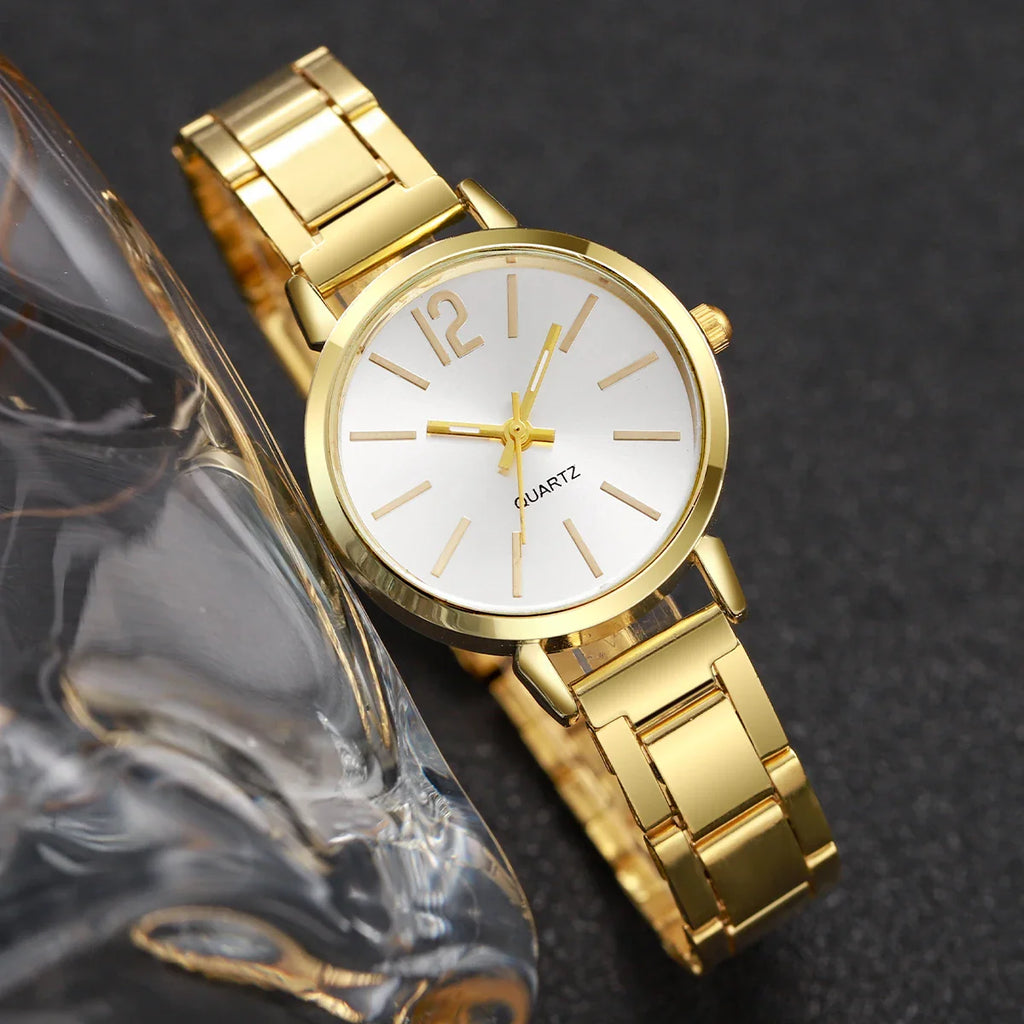 Fashion Women Elagant Watch Casual Simple Steel Strap Quartz Watch Love Bracelet 2PCs Set Temperament Wearing Style Vera Lux