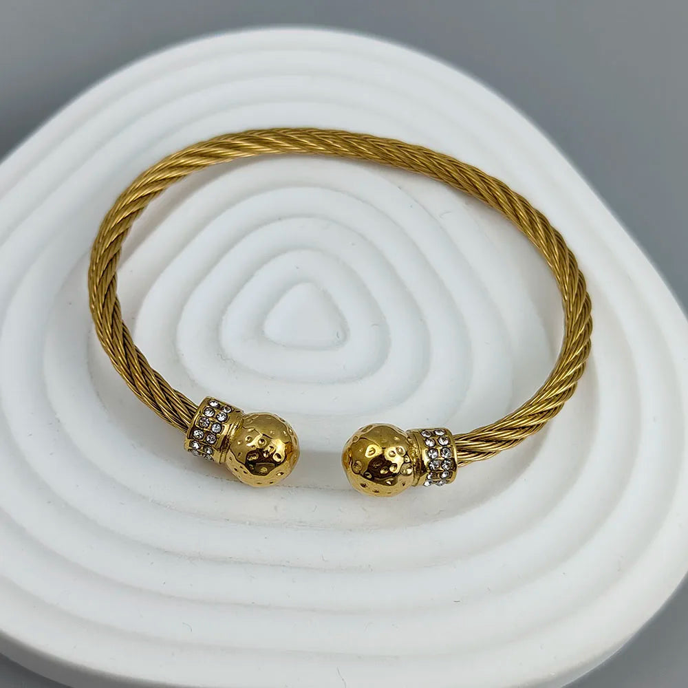 Wire twisted double ball zirconia stainless steel gold plated 18K bracelet, high quality waterproof silver jewelry, couple gift Vera Lux