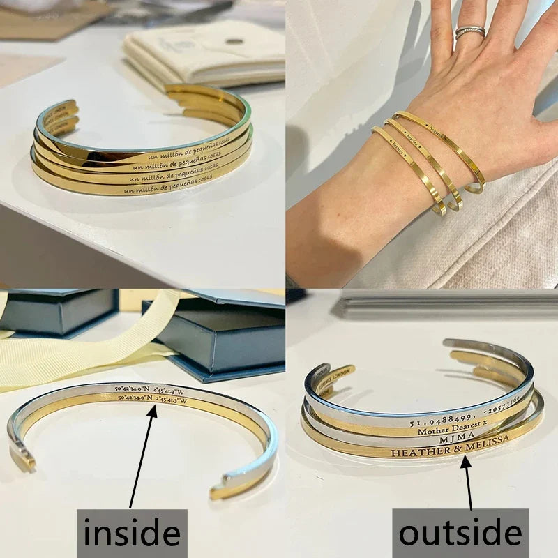 1PC Personalized Engraved Name Stainless Steel Bracelet Custom Words Letters Bracelet Cuff Bangle for Women Men Vera Lux
