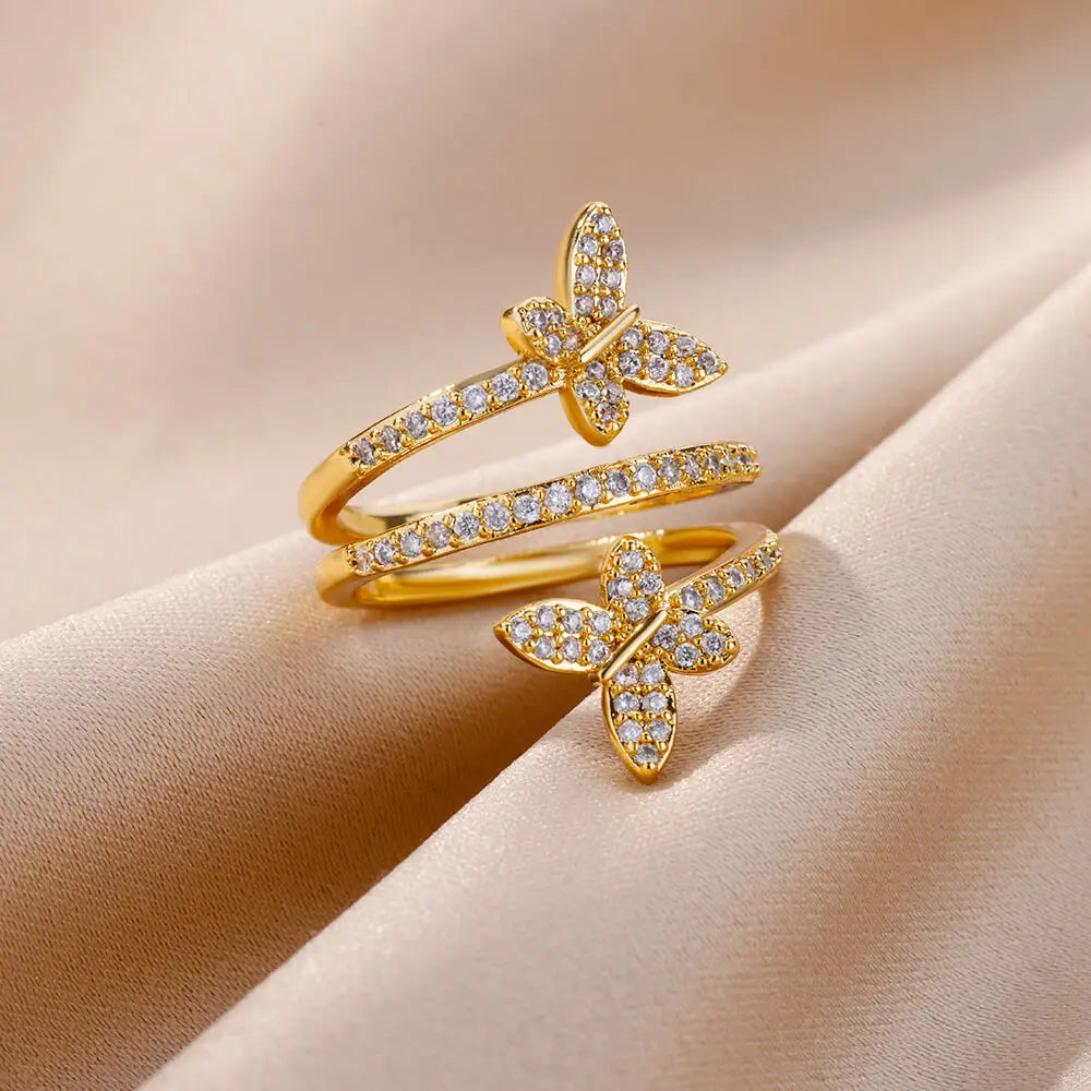 Zircon Double Butterfly Rings For Women Stainless Steel Gold Color Open Multilayer Ring Fashion Wedding Party Jewelry 2024 New Vera Lux