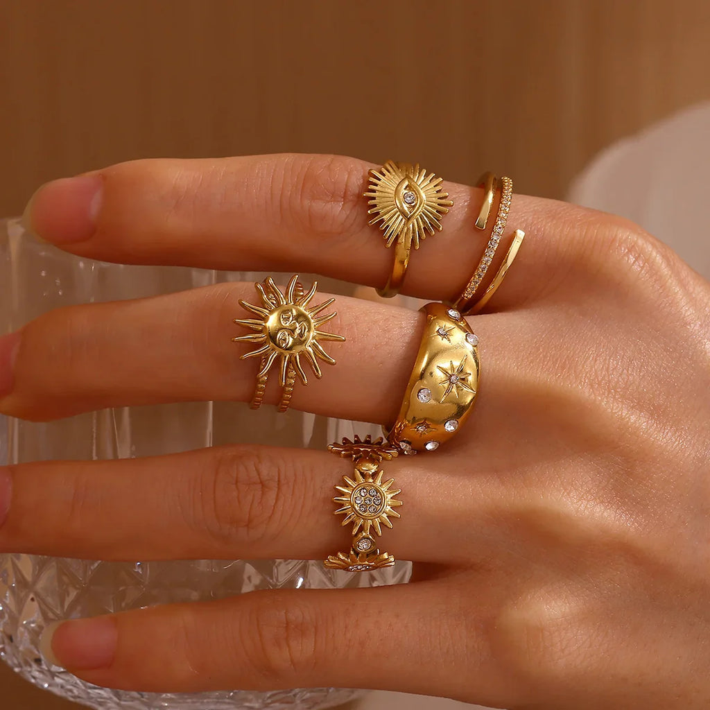 Stainless Steel Tiny Zircon Rings For Women Exquisite Gold Color Sun Double-Layer Ring Punk Hip-Hop Accessory Bague Jewelry Gift Vera Lux