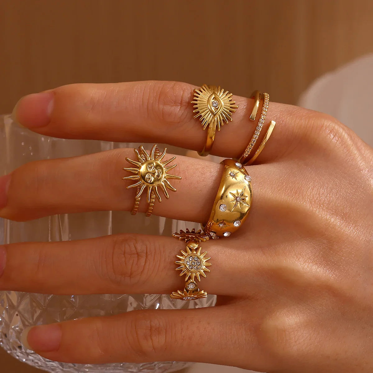 Stainless Steel Tiny Zircon Rings For Women Exquisite Gold Color Sun Double-Layer Ring Punk Hip-Hop Accessory Bague Jewelry Gift Vera Lux