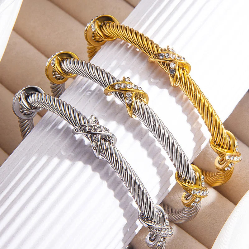 1pcs Stainless Steel 8-shaped Cross Diamond Bracelet Trendy Fashion Versatile Steel Rope Open Bracelet Party Jewelry Gifts Vera Lux