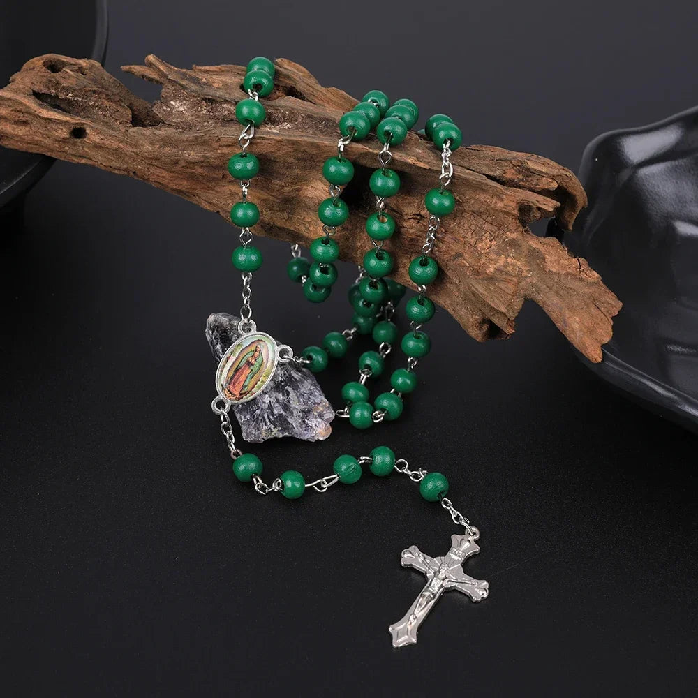 Wood Rosary Necklace For Women 6MM Wooden Prayer Beads Long Chain Religious Virgin Mary Cross Pendant Men Party Jewelry Gift Vera Lux
