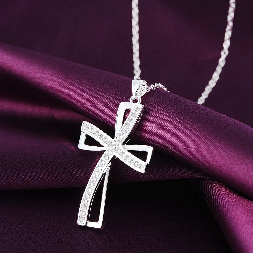 Promotions 45cm 925 sterling silver necklace charm for women cyrstal Cross pendant chain jewelry fashion cute wedding party Vera Lux