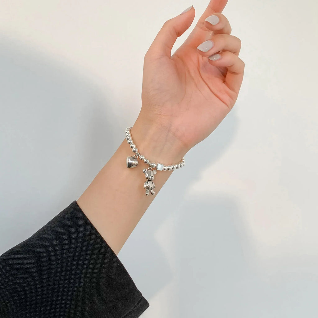 925 Sterling Silver Bracelets for Women String of Beads Accessories Trend Vintage Simple Cute Bear Pendant Party Jewelry Vera Lux