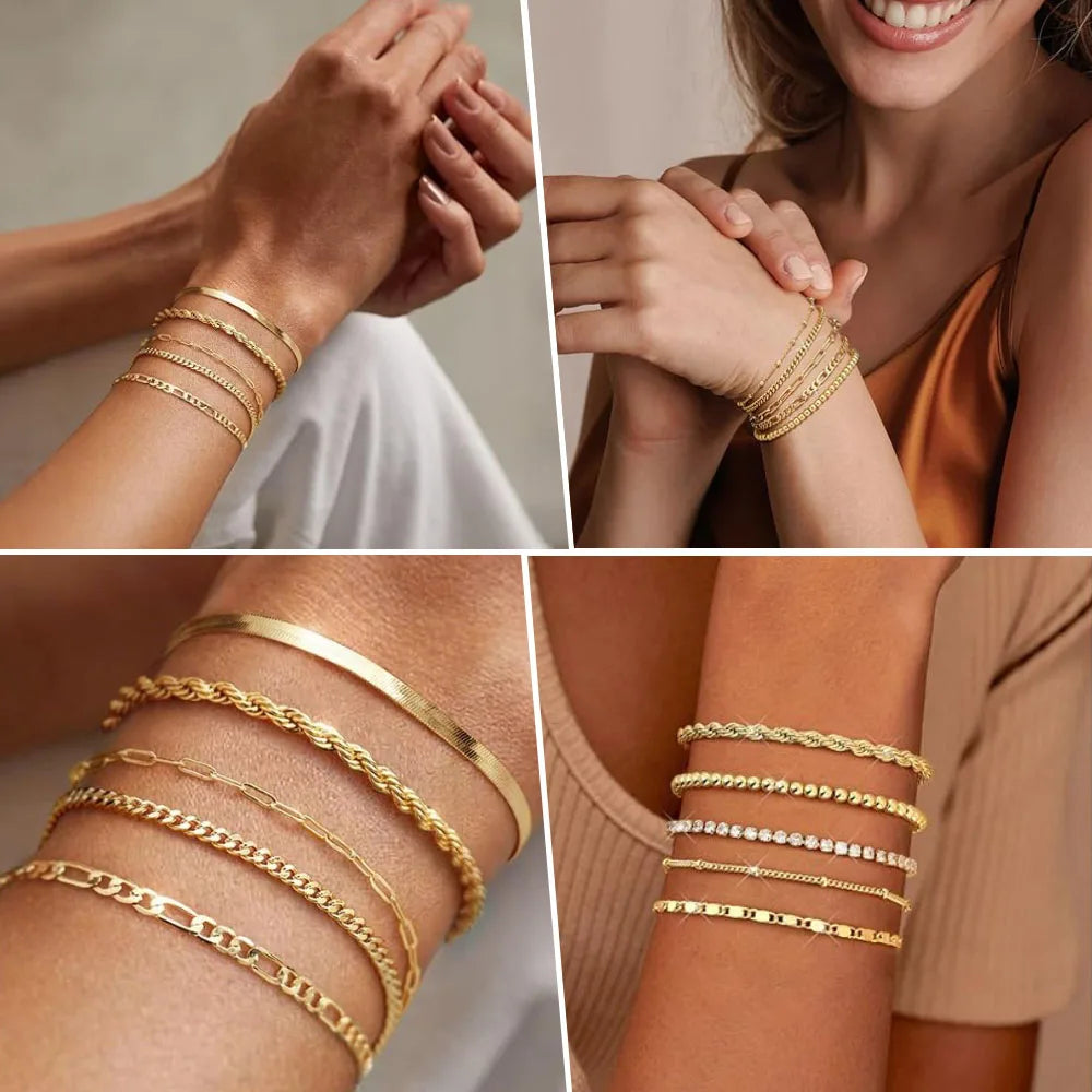 Non Tarnish Stainless Steel Bracelet Gold Plated Stackable for Women, Thin Herringbone Chain Bracelet Waterproof Jewelry Gift Vera Lux